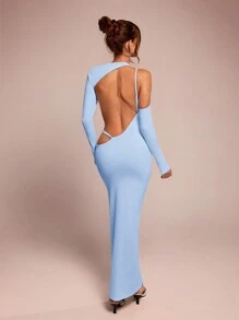SHEIN BAE Women's Asymmetric Shoulder Cutout Sexy Backless Strap Dress, Solid Black, Suitable For Autumn/Winter Layering, Cocktail Party, Romantic Date, Formal Occasions, Bridesmaid, Halloween, Christmas