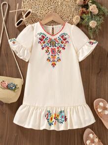 Young Girl Bohemian Style Faux Floral Embroidery Print V-Neck Ruffle Hem Casual Dress - Beige - View 3