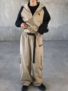 FRIFUL 2pcs Women's Solid Color Patchwork Front Zipper Long Sleeve Minimalist Top And Pants Set - Khaki - View 2