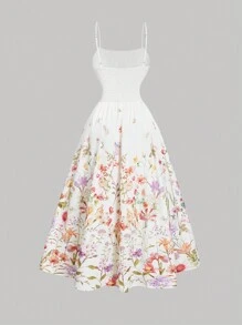 SHEIN MOD Váy lãng mạn in hoa mùa hè cỡ lớn có viền nhún - Nhiều màu - Xem 2