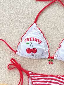 Swim Mod 女士夏季樱桃印花三角吊带泳衣上衣和红白条纹比基尼下装可爱性感泳衣套装 - 紅白色 - 查看 3