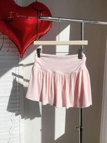 Comfortcana 女士纯色褶皱简约 A 字裙，休闲日常穿着 - 粉色 - 查看 3