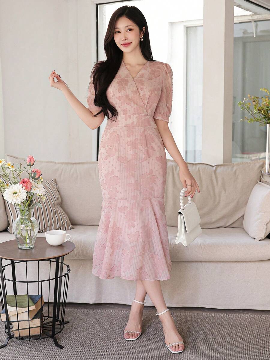 DAZY 女士 V 领花卉泡泡袖中长 A 字连衣裙 太阳裙 - 粉色 - 查看 1