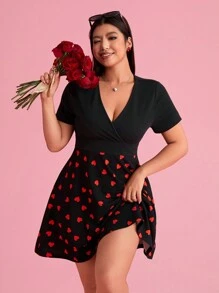 SHEIN EZwear Plus Size Color Block Heart Pattern V-Neck Dress, Suitable For New Year's Eve & Valentine's Day Outfit, For Summer - Multicolor - View 6