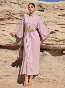 Al Najma Women's Elegant Embroidery Decor Flared Sleeve Arabic Style Long Dress Kaftan Jalabiya Dress - Pink - View 1