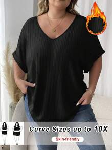 SHEIN CURVE+ Plus Size V-Neck Ribbed Christmas T-Shirt With Thermal Lined, Autumn/Winter