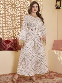 Al Najma Plus Size Women Square Neck Floral Print Tassel Decor Dress