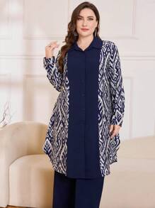 Lacomfia Random Floral Pattern, Heterogeneous Floral Patchwork, 2 Pieces Set, Elegant Retro Plus Size Fall Cloth For Women - Navy Blue - View 6