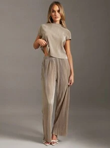 Siren Gaze Mock Neck Batwing Sleeve Blouse & Wide Leg Pants Brown Summer Casual - Khaki - View 1