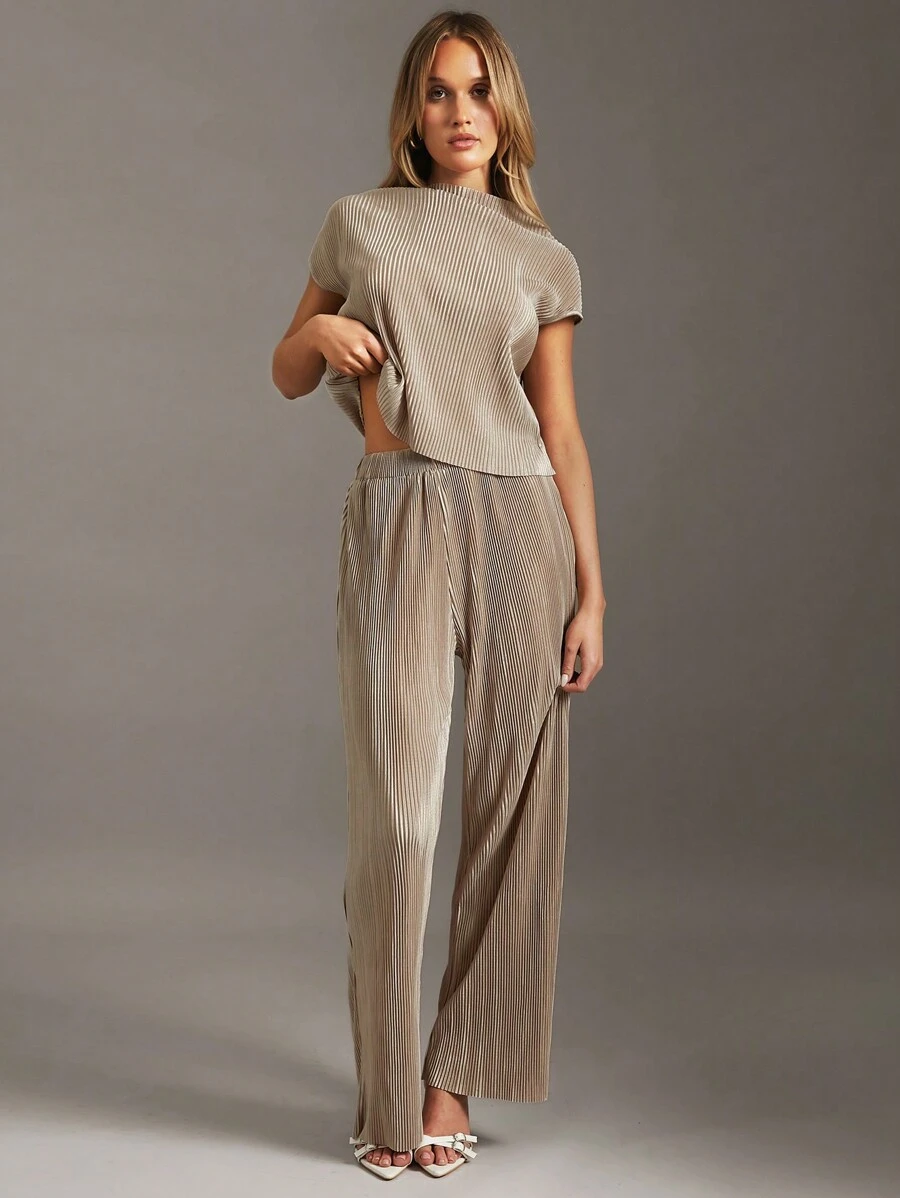 Siren Gaze Mock Neck Batwing Sleeve Blouse & Wide Leg Pants Brown Summer Casual - Khaki - View 1