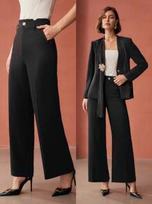 MOTF PREMIUM FLORAL BUTTON WIDE LEG SUIT PANTS - Black - View 9