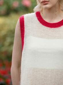 Skyraze Women's Contrast Trim Sleeveless Knit Dress, Ivory, Spring,Valentine's Day,Valentines Sweater - White - View 6