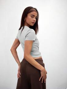 MUSERA Camiseta casual de manga corta con cintura ceñida para vacaciones, aeropuerto, regreso a la escuela, invierno, y verano elegante - Gris - Ver 5