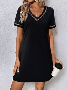 SHEIN LUNE V-Neck Leopard Print Splice Straight Mini Dress, Short Sleeve, Spring/Summer,Casual - Black - View 4