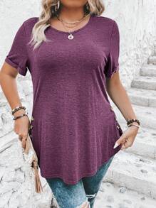 SHEIN LUNE Tricou casual de mărime mare, uni, la modă și potrivit pentru purtarea de zi cu zi - Violet - Vizualizare 3