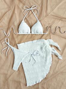 Soleia 3pcs Women's White Jacquard V-Neck Bikini Cover Up Wrap Around Skirt Set, Swim Suits For Women,Vacation Outfit Women,Summer Outfits For Women,Beach Outfits For Women - White - View 7