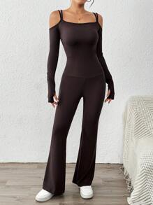 SHEIN Essnce 秋冬季美拉德女士修身打底连体裤单肩连体喇叭裤休闲运动装 - 棕色 - 查看 3