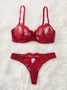 Esselle 2pcs Women Solid Color Bow Decor Sexy Lingerie Set Bowknot - Burgundy - View 5
