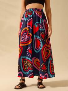 CAJUNI Falda larga de estilo boho con estampado de corazones de colores para mujer, falda informal de playa de verano negra - Azul - Ver 3