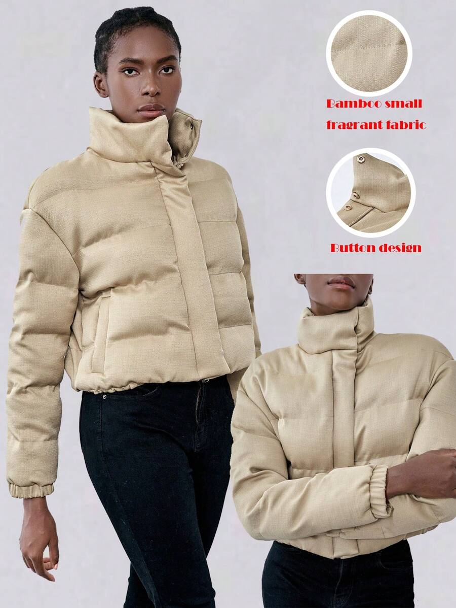 Chiquease Abrigo acolchado de mujer Luminelle con cuello alto y manga larga, ropa de invierno - Caqui - Ver 1