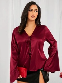 SHEIN SXY Camisa de encaje con cordones de color rojo borgoña elegante y sexy para mujer de talla grande, adecuada para uso diario, vacaciones, playa, fiestas, citas, cumpleaños, despedida de soltera, fiestas, baile, citas de pareja, looks elegantes e informales, compras, uso diario, actividades al aire libre, resalta tu figura