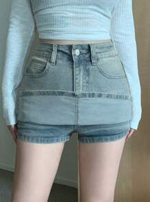 DAZY 女式休闲水洗蝴蝶印花牛仔迷你裙牛仔裙 - 淺色水洗藍 - 查看 5