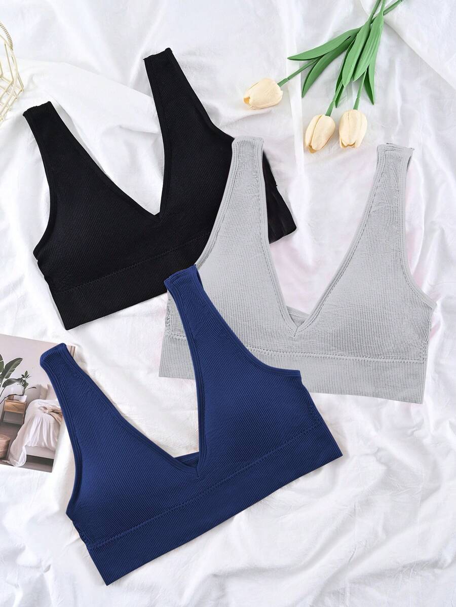 Easithlete Women Plain Ribbed Daily Fitness Sports Bra - Multicolor - View 1