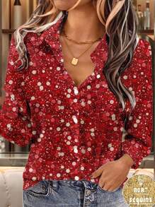 EMERY ROSE Casual Simplistic Glittery Pattern Loose Fit Long Sleeve Women Blouse, Suitable For Autumn Winter New Years Women New Year Eve - Multicolor - View 1
