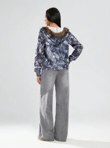 SHEIN Unity 1件女士休闲树叶印花保暖连帽卫衣，多色可选，时尚复古风格，适合秋冬季节穿着。 - 軍綠色 - 查看 2