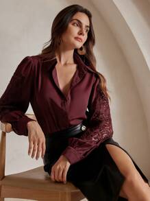 Anewsta French Design Elegant Embroidered Lace Long Sleeve Blouse For Women - Red - View 1