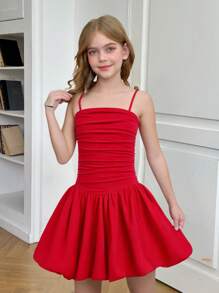 NOVA GLOW Tween Girl Tween Girls' Casual Solid Color Woven Tube Top Babydoll Dress, Suitable For Birthday, Valentine's Day