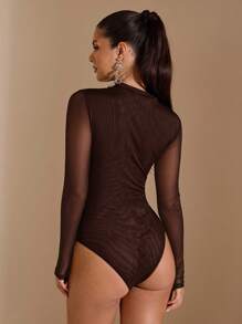 Women's Asymmetrical Long-Sleeved Transparent Bodysuit With Drawstring, Suitable For Cocktail Parties,  Dates, Autumn/Winter Base Layer, Parties, Formal Events, Nights Out, Halloween, Christmas - 咖啡棕 - 查看 2