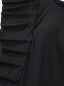 Swim Mulvari ملابس الشاطئ للنساء بحافة من الكشكشة السوداء، ملابس علوية سبور مع تنورة ومغطي للرأس، طقم الحجاب العربي (بوركيني) للعطلات الصيفية على الشاطئ - الأسود - مشاهدة 5