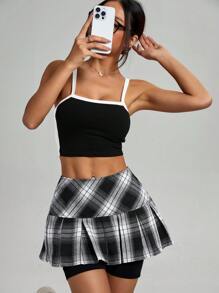 SHEIN Essnce Women's Simple Plaid Pleated Shorts, Casual Daily Wear - Multicolor - View 6