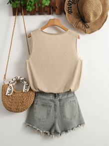 INAWLY Tank Top Große Größen für Frauen, lockerer Schnitt, V-Ausschnitt, einfarbig mit Splice-Design für Frühling/Sommer - Aprikosenfarben - Übersicht 2