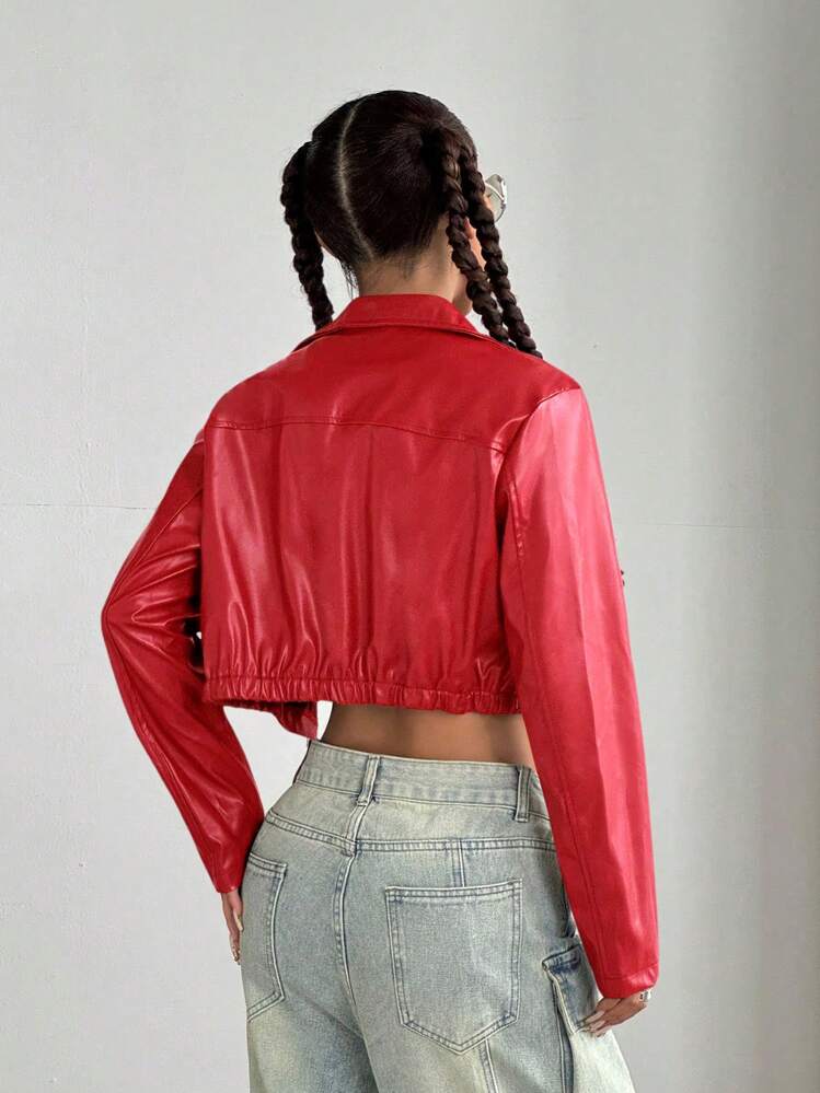 StreetHx Y2K Cropped Zip Front Faux Leather Jacket, Red | SHEIN USA