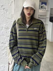 DAZY 女式前拉链长袖条纹简约运动衫，休闲日常服装，秋季服装 - 綠色 - 查看 3