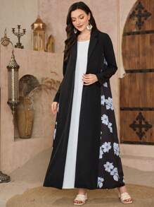 Al Najma Damska bardzo długa, skromna arabska abaja z kwiatowym nadrukiem