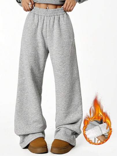 SHEIN Tall 女士纯色松紧腰宽松保暖内衬运动裤，宽松裤