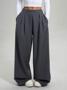 SHEIN Essnce Women's Autumn And Winter Casual Comfortable Loose Elastic Waist Gray Basic Wide-Leg Pants, Fall Women Clothes, Old Money, Going Out Bottoms, Curv Pants, Women Outfits, Fall Pants High Waist Solid Color Pockets Wide Leg Loose Pants Winter Women Outfits Women Clothes Christmas Women Clothes - Grey - View 6