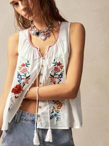 Bohemela 女士休闲纯色编织刺绣无袖宽松背心