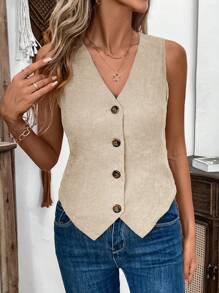 SHEIN LUNE Solid Button Front Vest Blazer Corduroy In Fall/Winter,Casual - White - View 7
