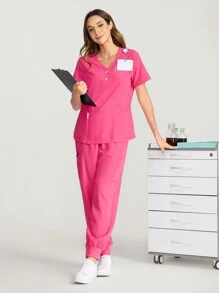 TaskEZ Pink V-Neck Casual Top With Pockets & Drawstring Pants Set Scrub Uniform Set - Hot Pink - View 4