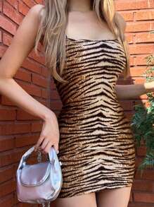 DAZY 女士性感斑马纹裹身裙，卡其色，春夏季节日太阳裙，迷你裙，休闲女装 - 卡其色 - 查看 7