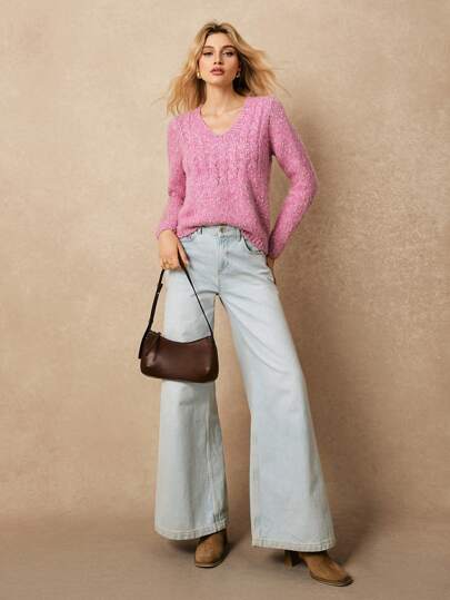 Poéselle 女士纯色V领长袖休闲毛衣，适合日常穿着