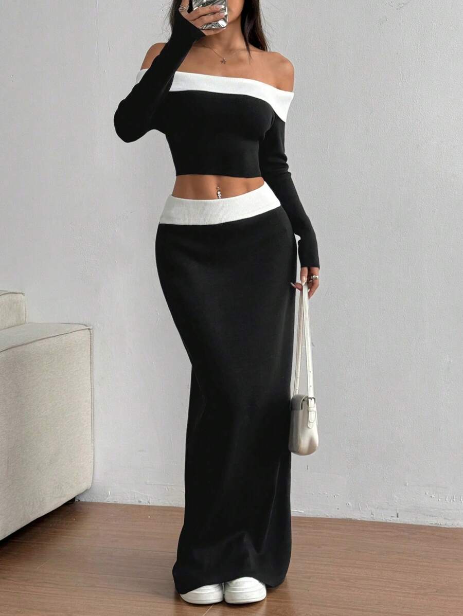 SHEIN Unity 2pcs/Set Fashion Color Block Off Shoulder Cropped Sweater ...