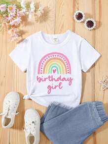 SHEIN 1pc Young Girl' Casual Cute Rainbow Heart Birthday Girl Slogan Graphic Print Round Neck Short Sleeve T-Shirt, Birthday Gift & Party Top