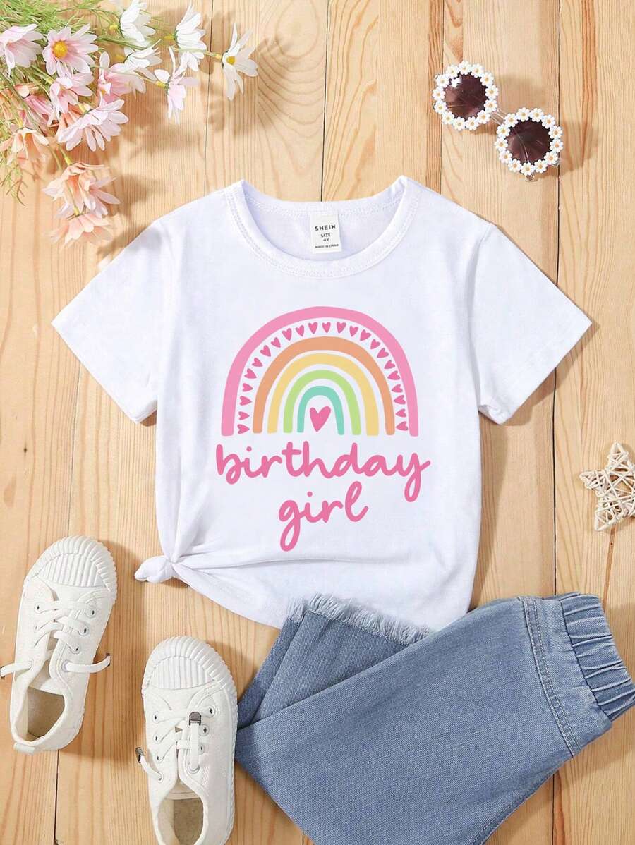 SHEIN 1pc Young Girl' Casual Cute Rainbow Heart Birthday Girl Slogan Graphic Print Round Neck Short Sleeve T-Shirt, Birthday Gift & Party Top