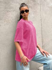 SHEIN EZwear Áo thun dệt kim rộng rãi phong cách cổ điển màu đỏ hồng cho nữ - Màu Hồng Tươi - Xem 4