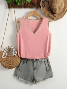 INAWLY Plus Size Women's V-Neck Casual Solid Color Loose Tank Top With Splice For Spring And Summer - Pink - View 1